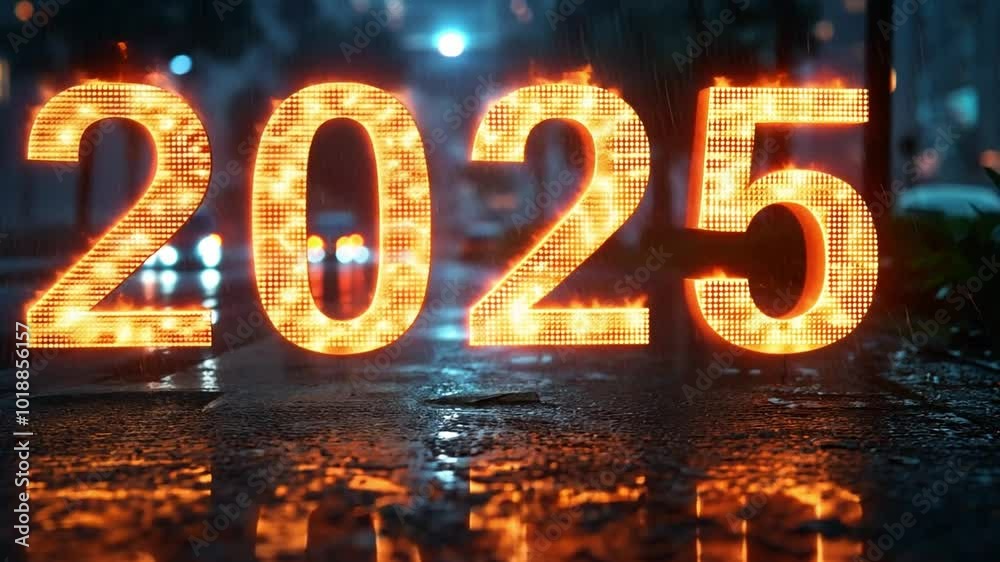 Bright illuminated numbers 2025 reflecting on wet pavement at night in an urban setting Bright illuminated numbers 2025 reflecting on wet pavement at night in an urban setting