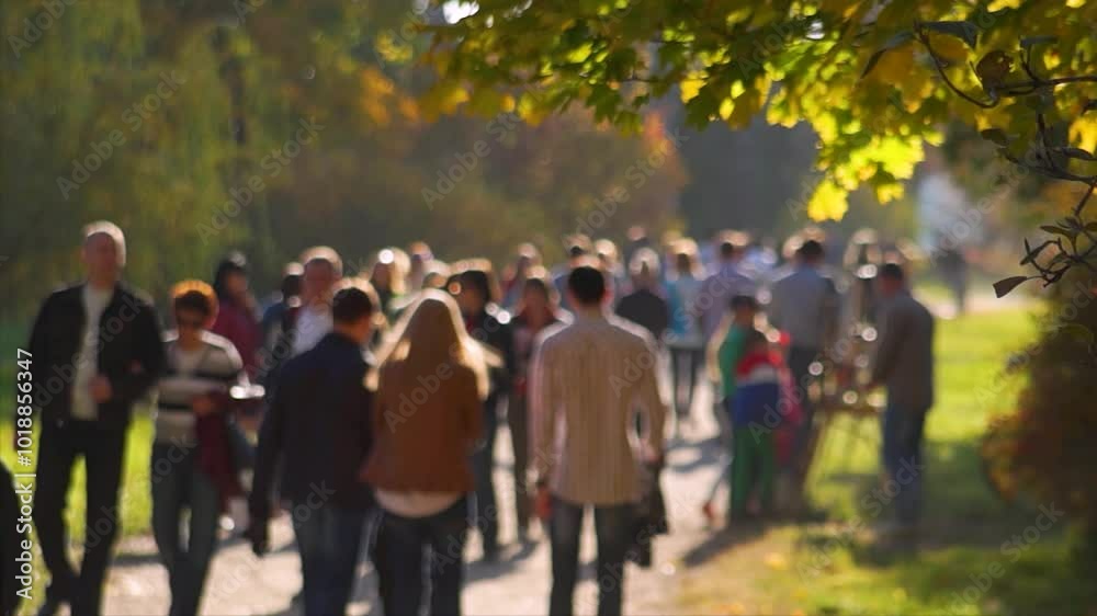 many anonymous people walk along the alley of the autumn park slow motion many anonymous people walk along the alley of the autumn park slow motion