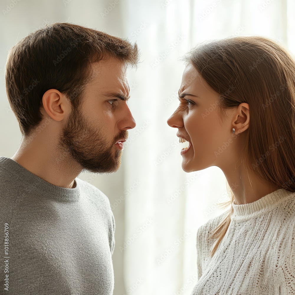 Intense disagreement between a Caucasian man and woman during a heated argument. Intense disagreement between a Caucasian man and woman during a heated argument.