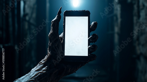 Creepy zombie monster hand holding smartphone with empty white screen. Dark background moonlight. Halloween concept. Cinematic moody scene, horror movie theme.