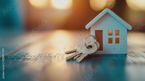 A close-up of home buying keys resting beside a small house model during a warm sunset glow indoors