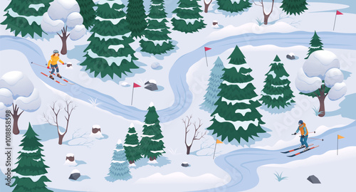 Two skiers navigating a snowy landscape, surrounded by trees and flags. Vector illustration