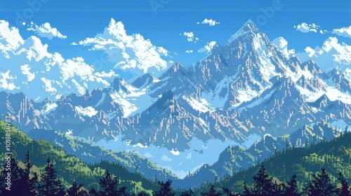 Pixel Art Mountain Range with Snowy Peaks Under Clear Blue Sky for Outdoor Adventure Marketing photo