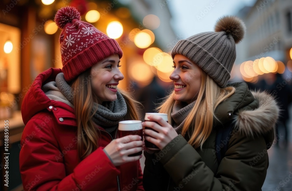 Close-up. Cute girls in red hats drink a hot drink at an atmospheric Christmas fair. Close-up. Cute girls in red hats drink a hot drink at an atmospheric Christmas fair.