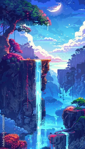 Pixelated Fantasy Landscape with Floating Islands and Glowing Flora for Creative Event Branding