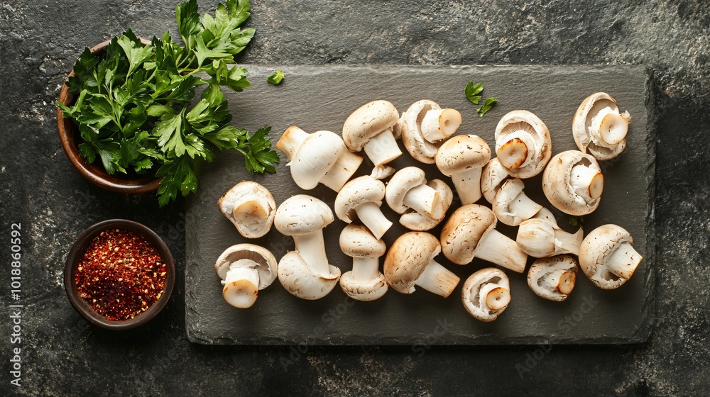 Fresh raw mushrooms on black slate. Fresh raw mushrooms on black slate.