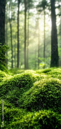 Discover the serene beauty of vibrant green moss beneath sunlight filtering through a misty forest at dawn