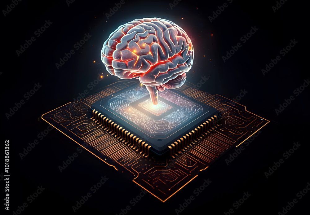 Human brain connected to electronic chip processor, digital circuit ...