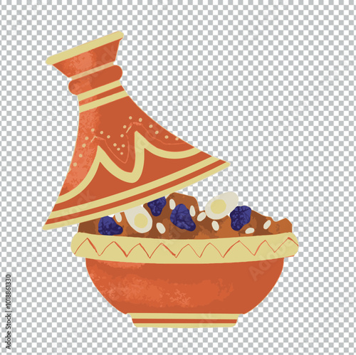 Illustration plat tajine viande pruneaux amandes terre cuite vecteur