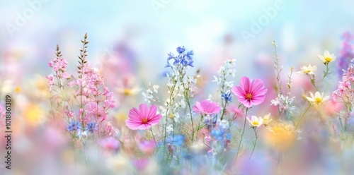 Colorful wildflowers blooming in a vibrant meadow on a sunny day in spring