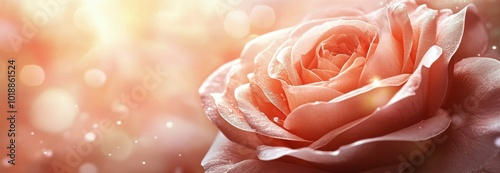A delicate pink rose blooming against a soft, dreamy background with warm bok...