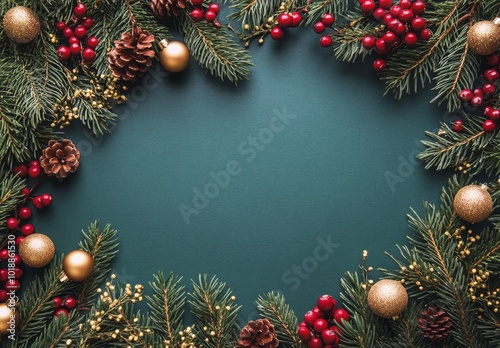 Festive holiday decorations with pine, berries, and ornaments on a green back...