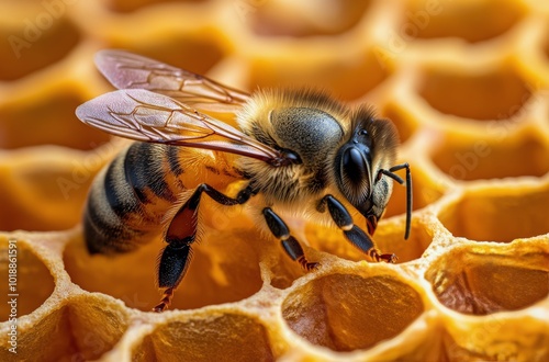 A close-up of a bee foraging on honeycomb in a sunny meadow during the daytime