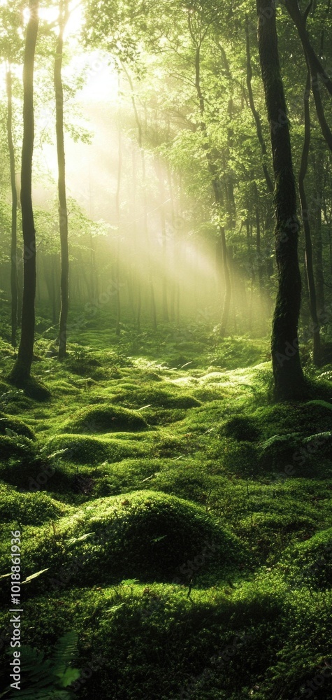 Fototapeta premium A tranquil forest floor blanketed in moss with gentle mist and ethereal light filtering through the tall trees