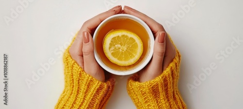 Warm hands holding a cozy cup of tea with lemon while wearing a knitted yello...