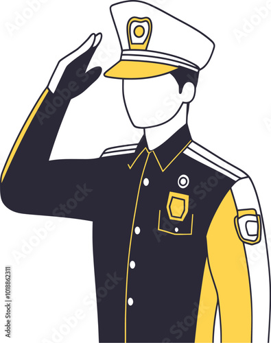 Simple line drawing of a veteran in uniform saluting, depicting an act of respect and honor with a pastel color palette on white background