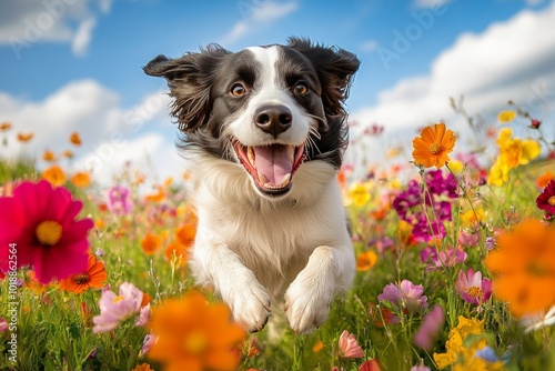 Happy dog running through a colorful flower field on a bright sunny day in sp...