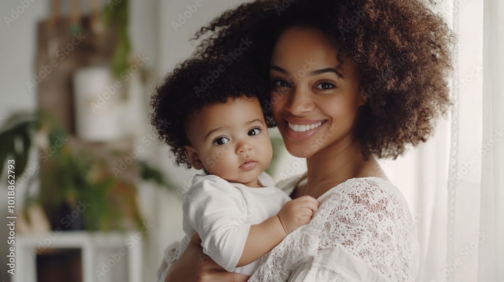Radiant mother with curly hair holds her adorable baby, both sporting natural afros. Their warm smiles and tender embrace capture a moment of pure maternal love and joy.