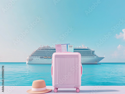 Travel suitcase with passport and travel tickets next to a cruize ship photo