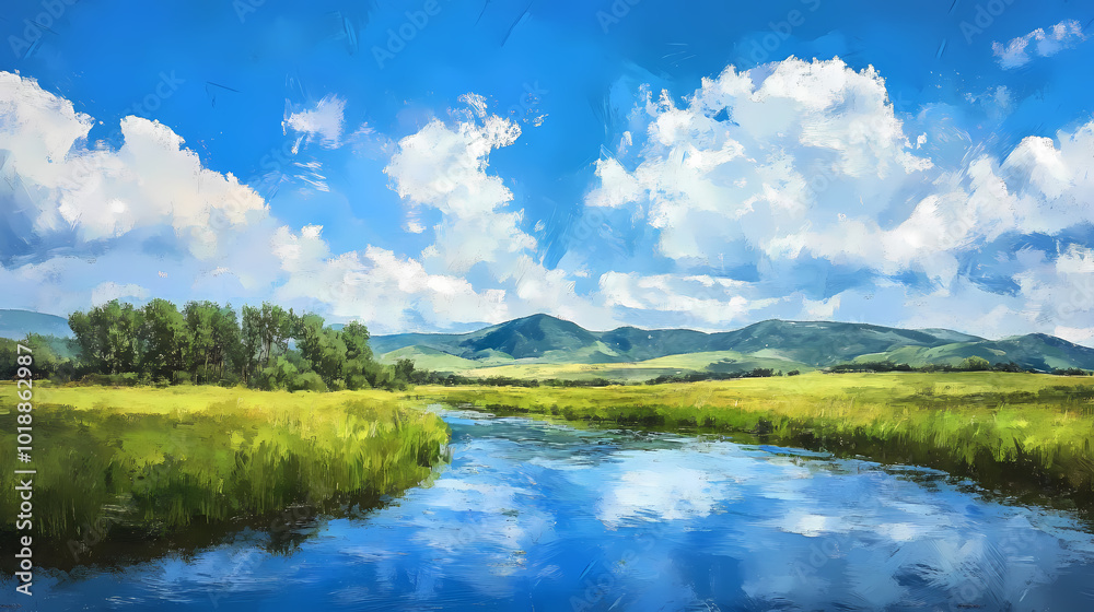 A serene landscape with a flowing river, lush green meadows, majestic mountains in the background, and a clear blue sky above, impressionist art. Impressionist Sky. Illustration A serene landscape with a flowing river, lush green meadows, majestic mountains in the background, and a clear blue sky above, impressionist art. Impressionist Sky. Illustration