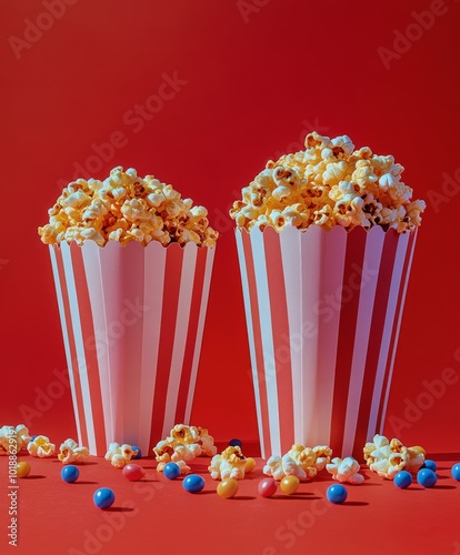 Freshly popped popcorn in striped boxes alongside colorful candy on a vibrant red background photo