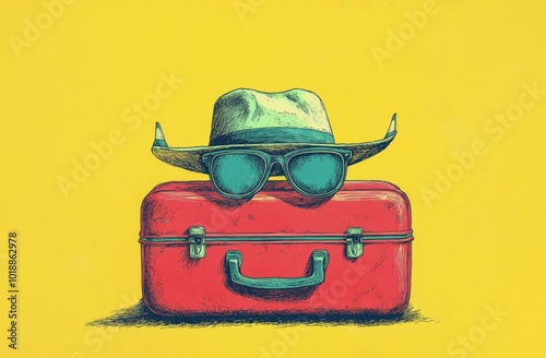 Luggage and airplane awaiting adventure in bright yellow setting