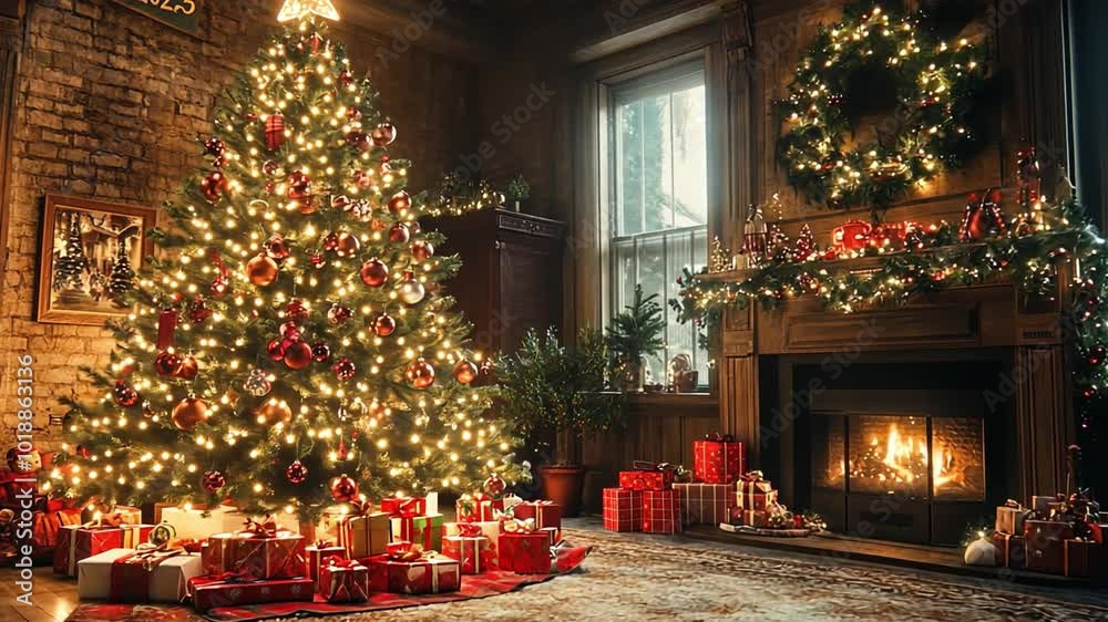 Cozy living room adorned with a beautifully decorated Christmas tree and glowing fireplace