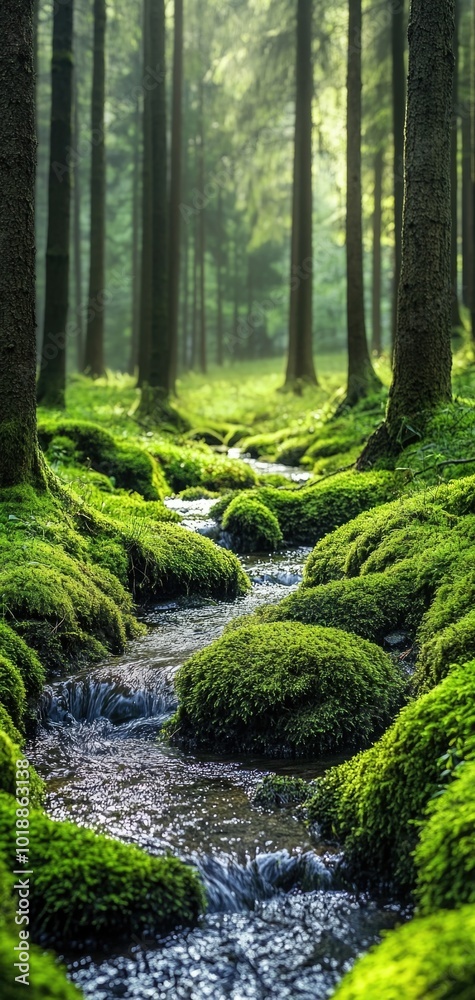 A serene stream flows gently through a moss-covered forest bathed in soft, tranquil light A serene stream flows gently through a moss-covered forest bathed in soft, tranquil light