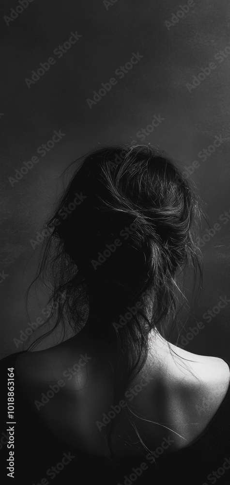 Naklejka premium Silhouette of a girl with soft lighting against a dark background, creating a minimalist and dramatic atmosphere