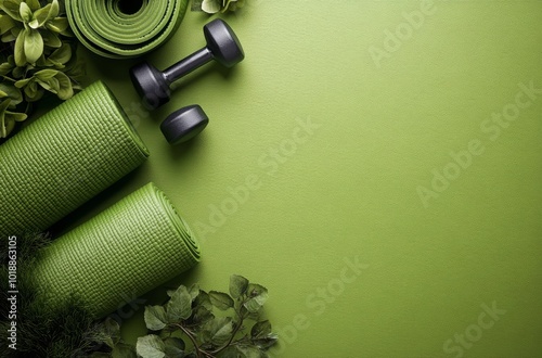 Fitness equipment on a green mat in a home workout setting during the day