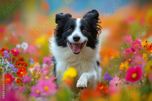 A joyful dog runs through a vibrant field of blooming flowers in springtime s...