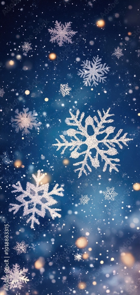 Snowflakes gently swirling through a vibrant winter sky with shimmering details in a serene blue backdrop Snowflakes gently swirling through a vibrant winter sky with shimmering details in a serene blue backdrop