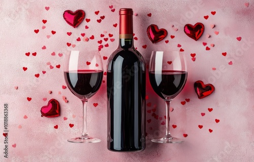 Romantic red wine with heart decorations for a perfect Valentines Day celebra...