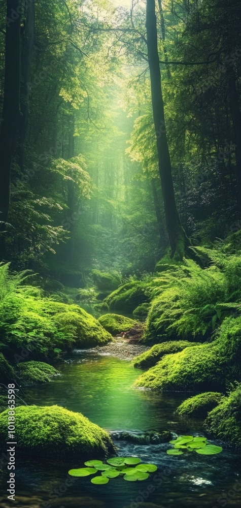 A serene forest stream flows gently through lush moss and ferns, illuminated by dappled sunlight filtering through trees A serene forest stream flows gently through lush moss and ferns, illuminated by dappled sunlight filtering through trees