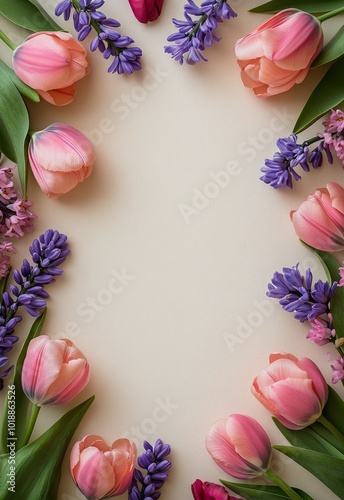 Beautiful spring flowers arranged in a circular pattern on a light background