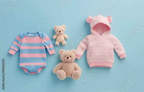 Adorable baby clothing set with bear-themed toys on soft blue background