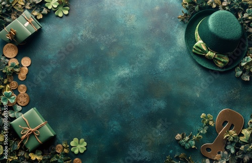 Celebrate St. Patricks Day with green decorations, gold coins, and gifts on a...