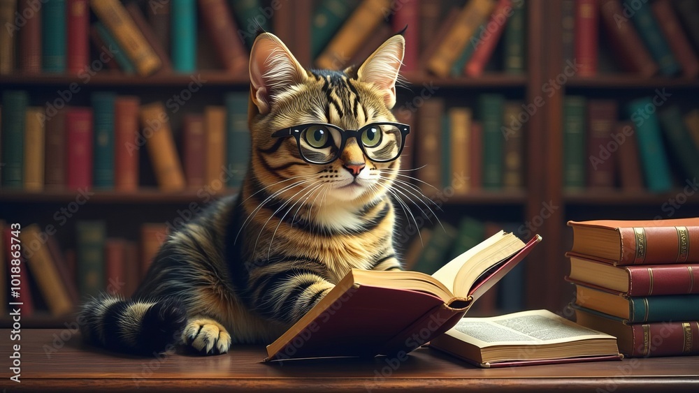 Amazing wise domestic beautiful ginger cat in round black glasses reading a book lying on a wooden desk. Cute fluffy animal Amazing wise domestic beautiful ginger cat in round black glasses reading a book lying on a wooden desk. Cute fluffy animal