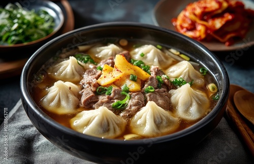 Nourishing dumpling soup with tender beef and vibrant vegetables served in a ...