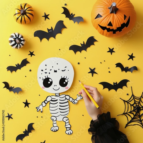 Crafting spooky decorations with pumpkins and bat cutouts on a bright yellow ...