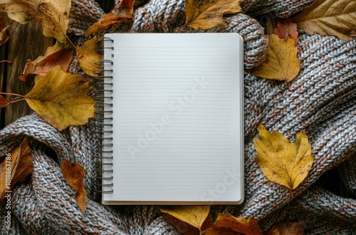 A cozy autumn setting with a blank notebook surrounded by colorful fallen lea...