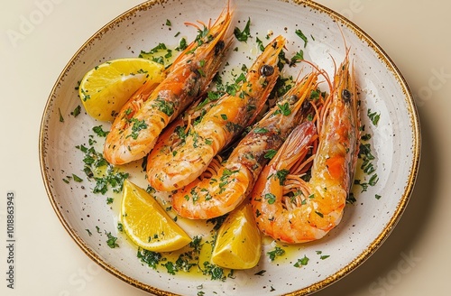 Delicious grilled shrimp seasoned with herbs and spices served on a decorativ...
