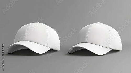 Isolated White Blank Baseball Cap Vector Mockup Template, Featuring Front and Side Design with Visor, 3D Realistic Headwear Fashion for Advertisement Identity and Customization.