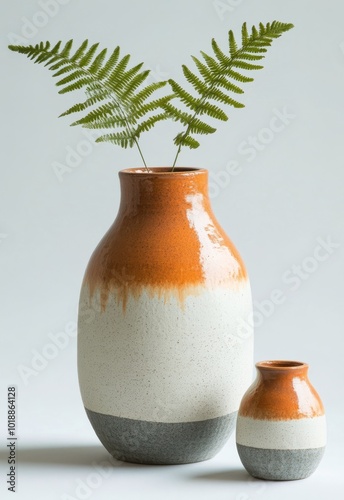 Elegant ceramic vases with ferns displayed on a simple table in a well-lit room