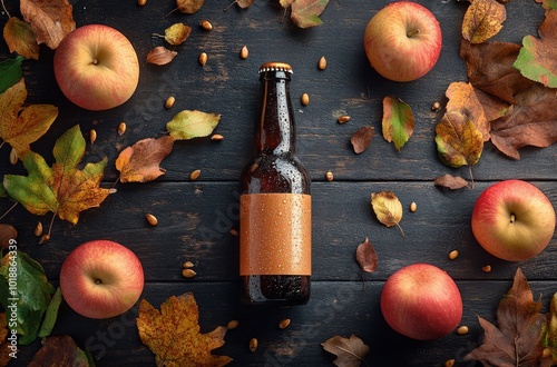 Autumn arrangement of fresh apples and a bottle on rustic wooden table with l...