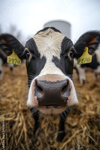 Close-up of a curious cow in a grassy field during overcast weather