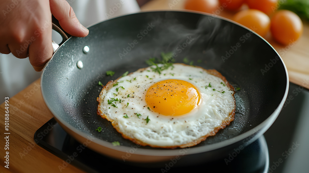High Angle View of Frying Pan with Sunny Side Up Eggs | Perfectly Cooked Breakfast in a Cozy Kitchen High Angle View of Frying Pan with Sunny Side Up Eggs | Perfectly Cooked Breakfast in a Cozy Kitchen