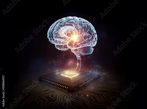 Wallpaper Mural Human brain connected to electronic chip processor, digital circuit board, ai, bio artificial intelligence, cyber technology, futuristic innovation, glowing neural connections. Torontodigital.ca