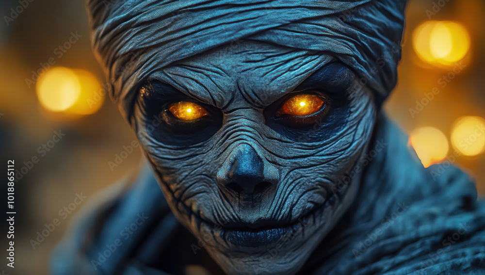 Portrait of a scary ancient cursed mummy with glowing eyes. Halloween, spooky season
