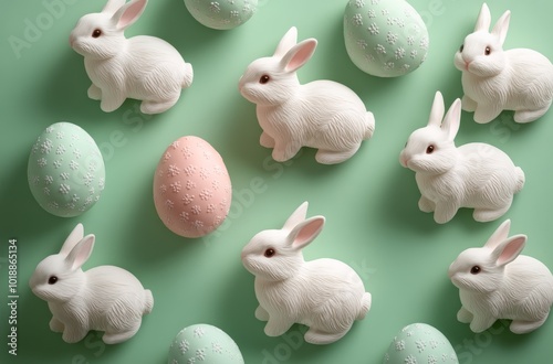 Celebrating Easter with decorative eggs and a cute bunny on a pastel green ba...